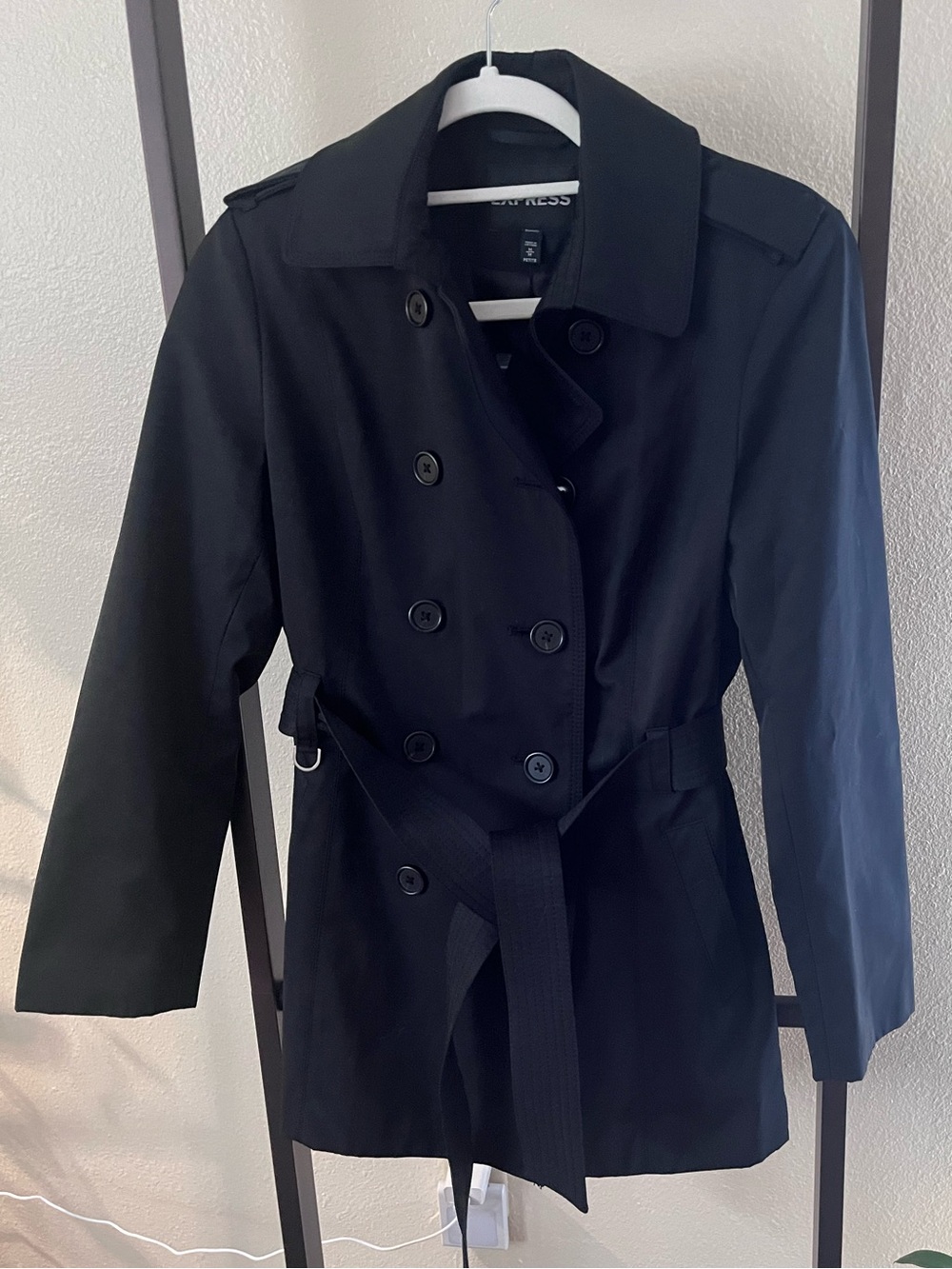 Express Black Double-Breasted Trench Coat with Belt